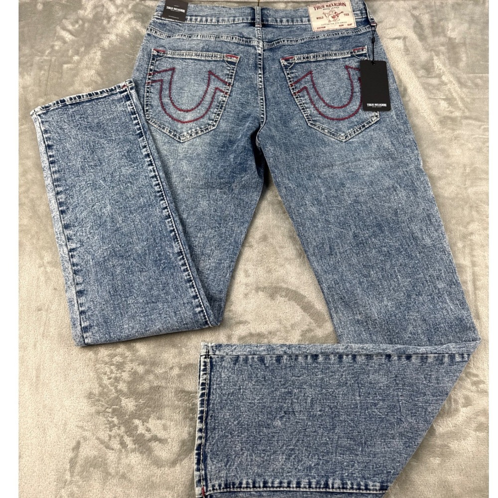 True Religion Jeans Mens 33 Ricky Big T NF Blue Acid Wash Straight NEW - Picture 2 of 11